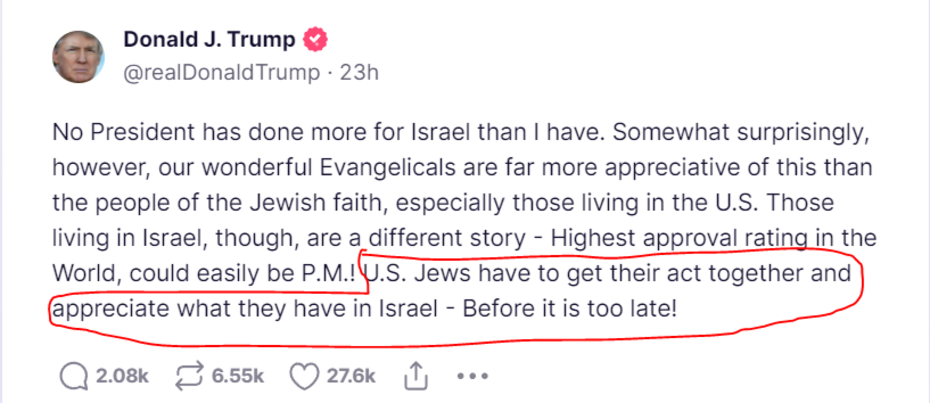 Trump tweet on US Jews needing to appreciate Israel 10-16-22